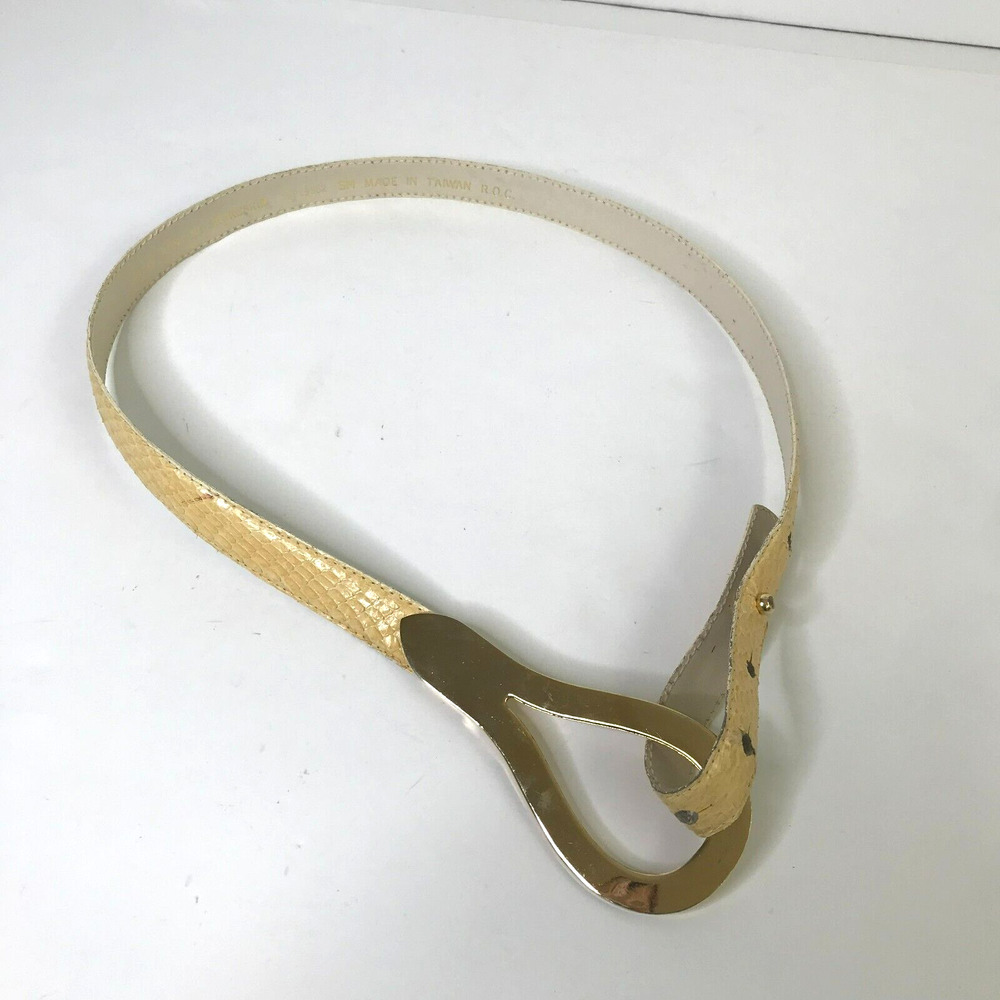 Vintage Snake Skin Belt Womens Small Yellow Slim Gold Tone Hardware